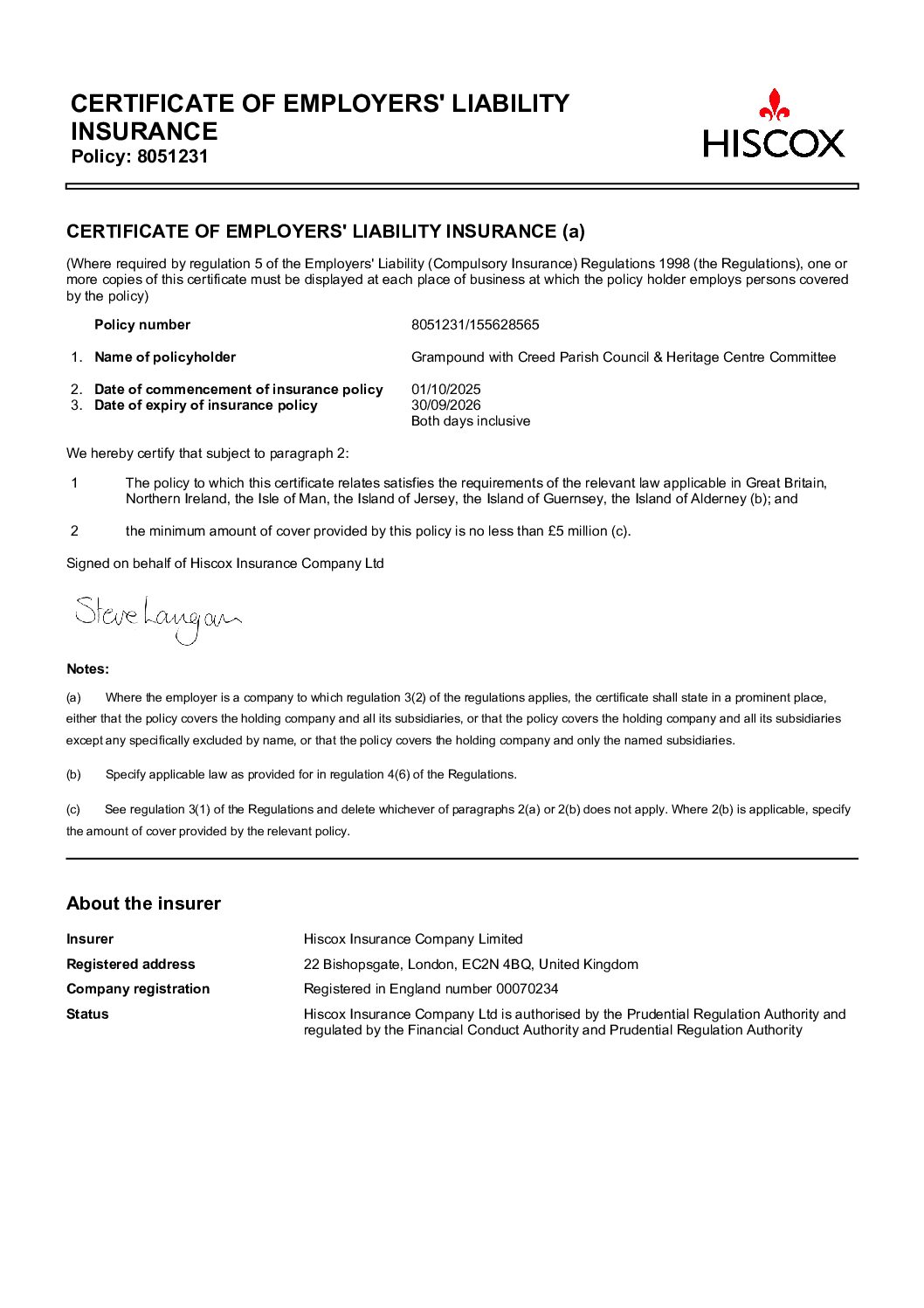 Employers Liability Certificate 2025